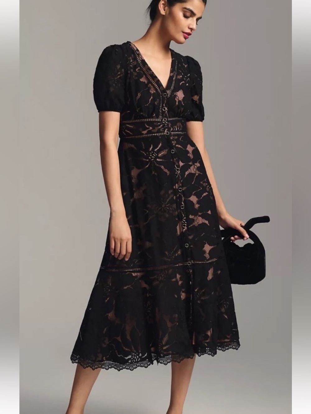 Anthropologie Ophelia Puff Sleeve Lace Midi Dress Button Front Lined Size 8